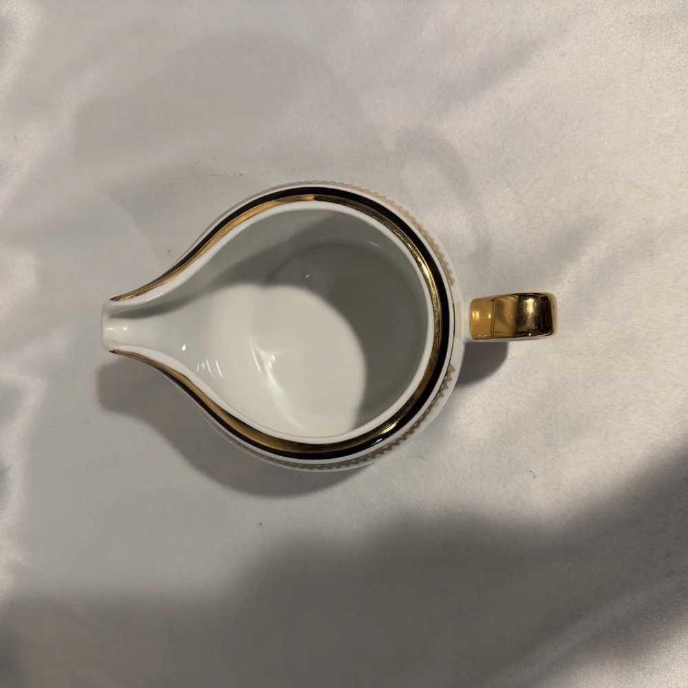 Chodziez Poland Porcelain Creamer Milk Pitcher Black Gold Band Filigree